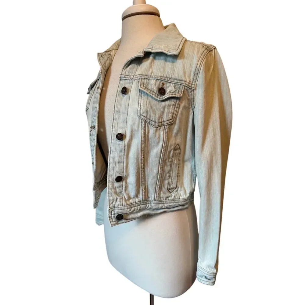 FOREVER 21 Sm Boho Distressed Light Wash Blue Cropped Denim Y2K‎ Festival Jacket